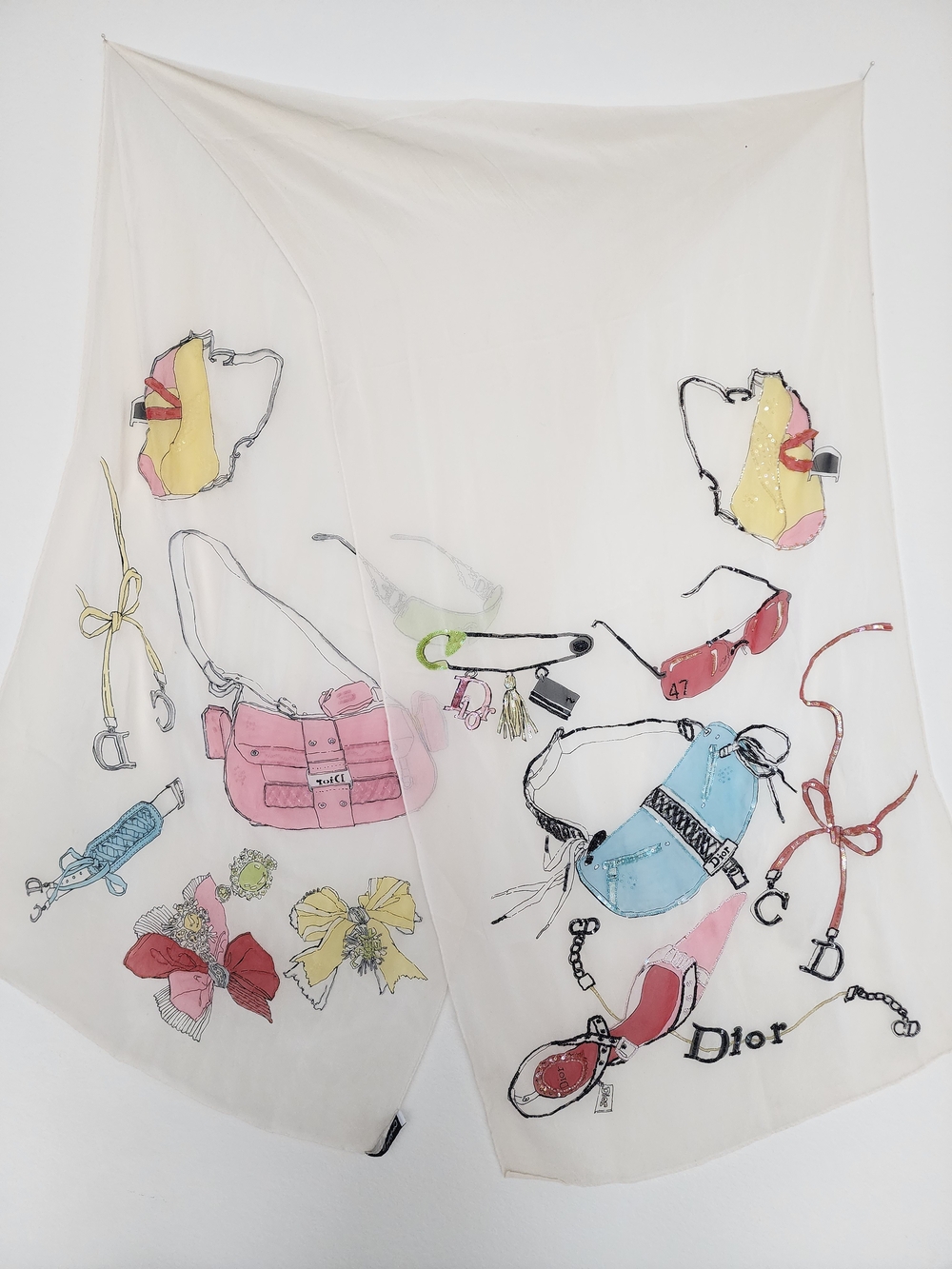 Auth Dior Accessories Motif Pastel Printed Silk Scarf